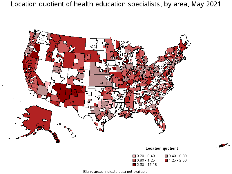 Map of location quotient of health education specialists by area, May 2021