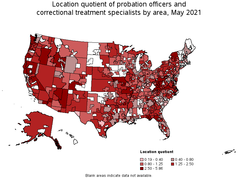 Map of location quotient of probation officers and correctional treatment specialists by area, May 2021