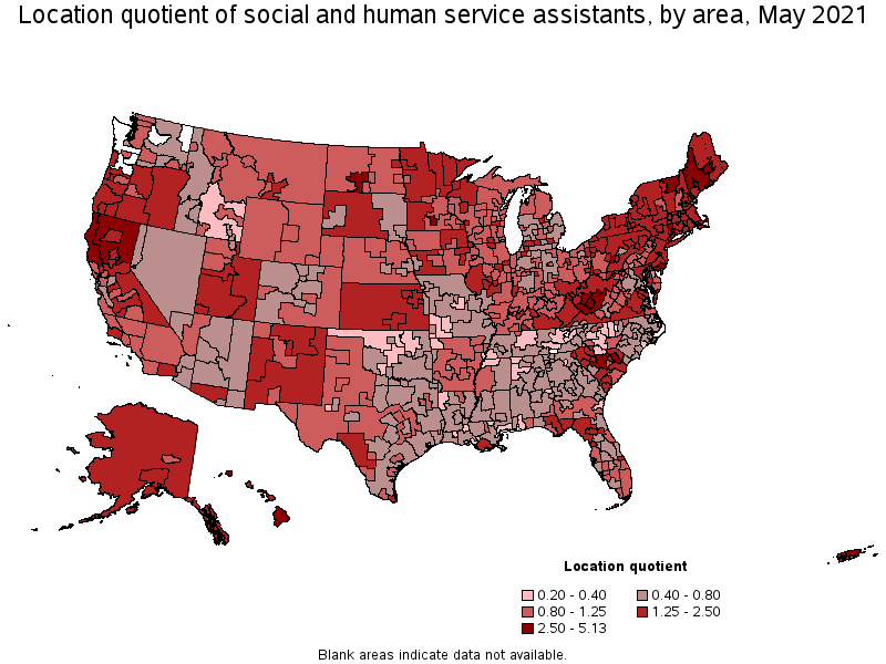 Map of location quotient of social and human service assistants by area, May 2021