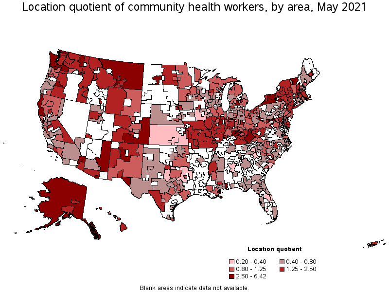 Map of location quotient of community health workers by area, May 2021