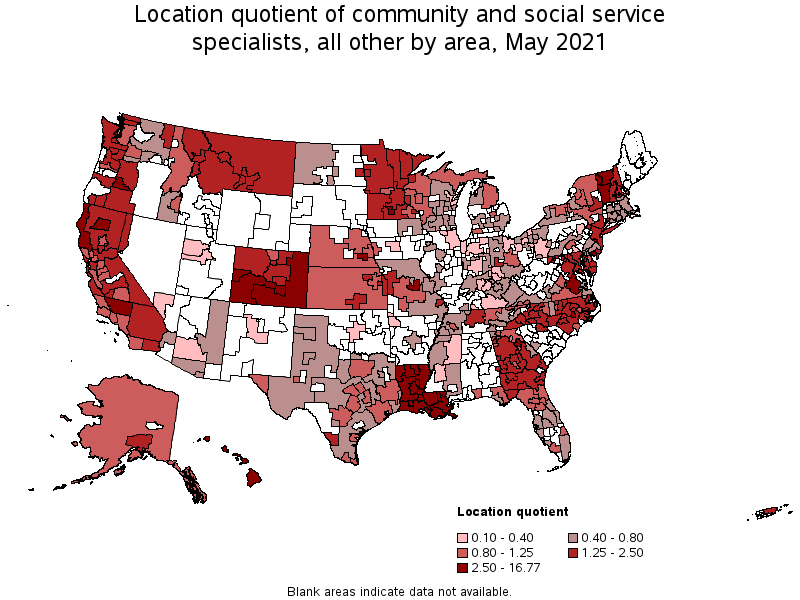 Map of location quotient of community and social service specialists, all other by area, May 2021