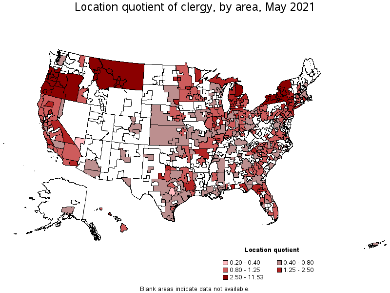 Map of location quotient of clergy by area, May 2021