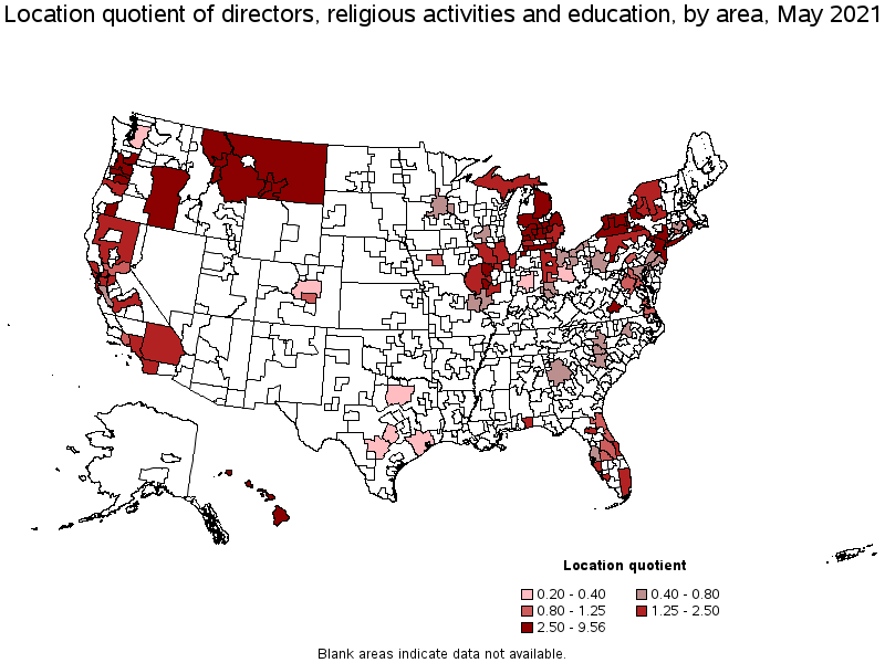 Map of location quotient of directors, religious activities and education by area, May 2021
