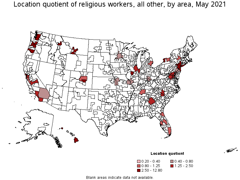 Map of location quotient of religious workers, all other by area, May 2021
