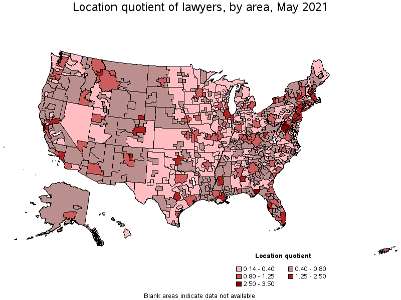 Map of location quotient of lawyers by area, May 2021