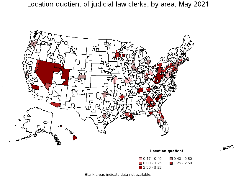 Map of location quotient of judicial law clerks by area, May 2021