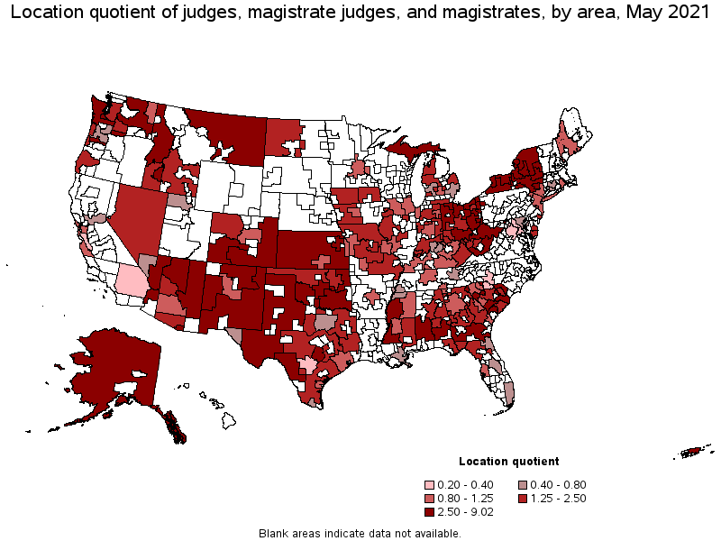 Map of location quotient of judges, magistrate judges, and magistrates by area, May 2021