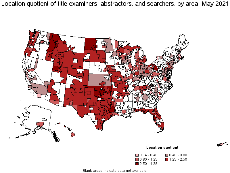 Map of location quotient of title examiners, abstractors, and searchers by area, May 2021