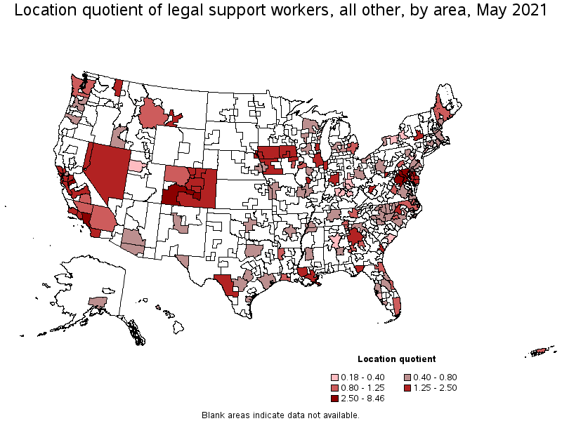 Map of location quotient of legal support workers, all other by area, May 2021