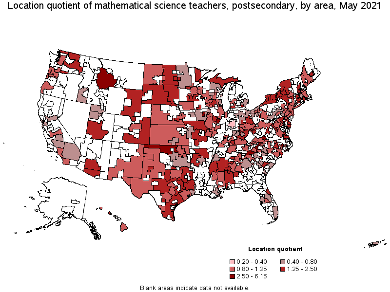 Map of location quotient of mathematical science teachers, postsecondary by area, May 2021