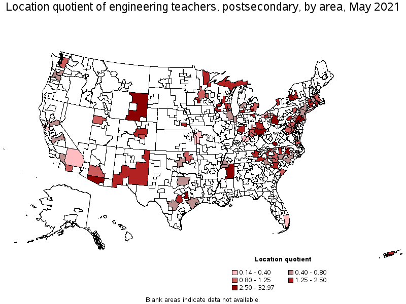 Map of location quotient of engineering teachers, postsecondary by area, May 2021