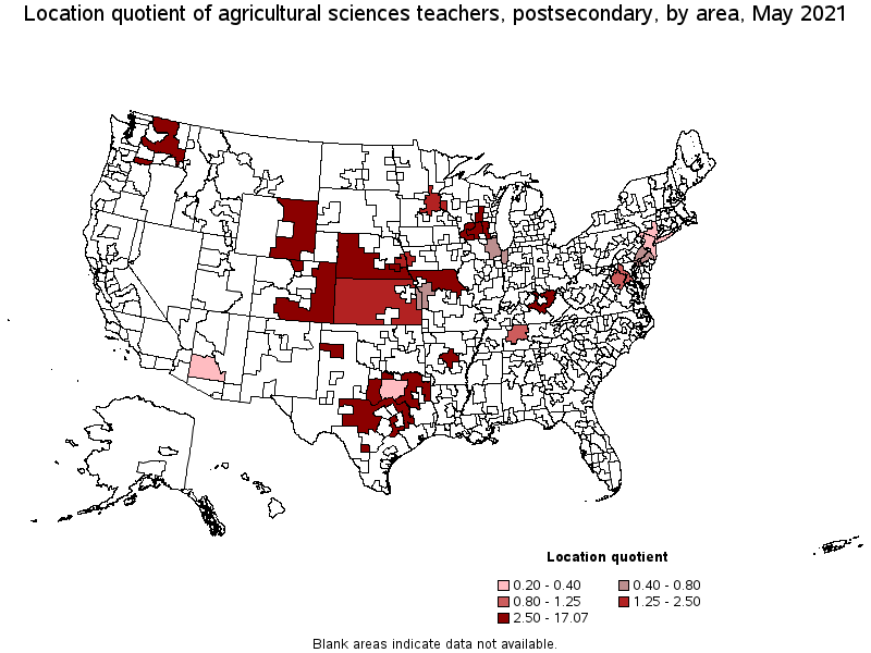 Map of location quotient of agricultural sciences teachers, postsecondary by area, May 2021