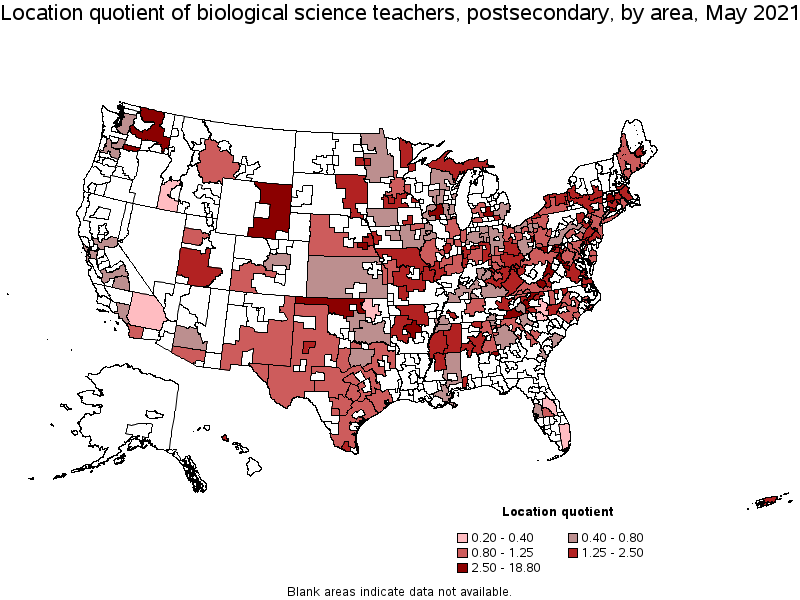 Map of location quotient of biological science teachers, postsecondary by area, May 2021