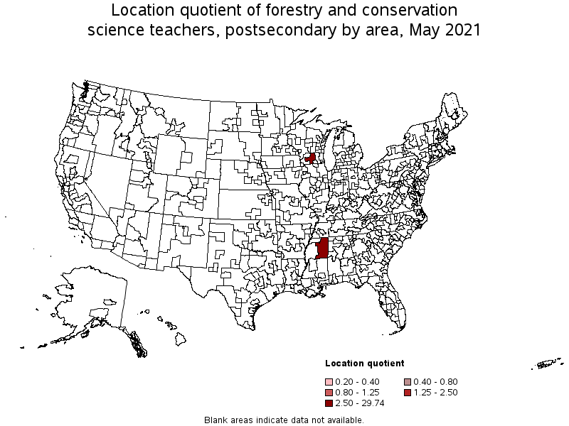 Map of location quotient of forestry and conservation science teachers, postsecondary by area, May 2021