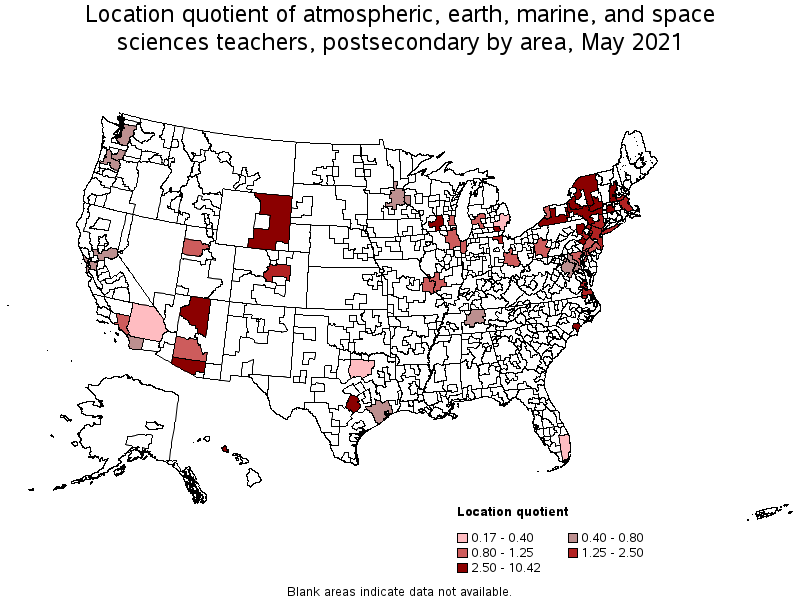 Map of location quotient of atmospheric, earth, marine, and space sciences teachers, postsecondary by area, May 2021