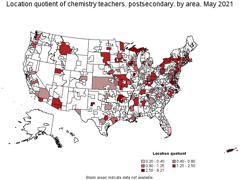 Map of location quotient of chemistry teachers, postsecondary by area, May 2021