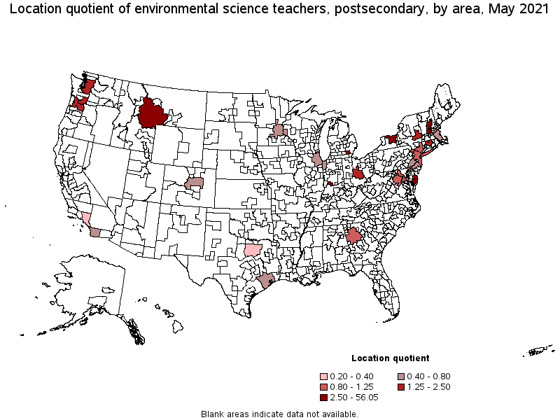 Map of location quotient of environmental science teachers, postsecondary by area, May 2021
