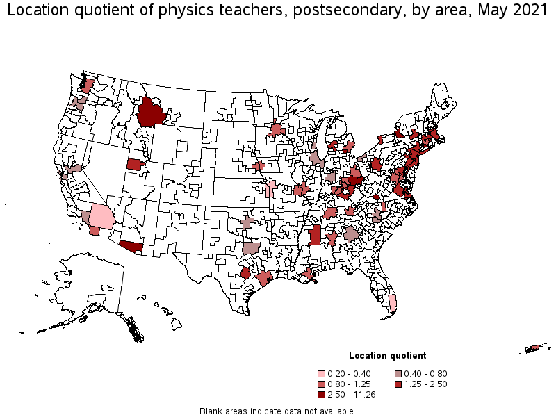 Map of location quotient of physics teachers, postsecondary by area, May 2021