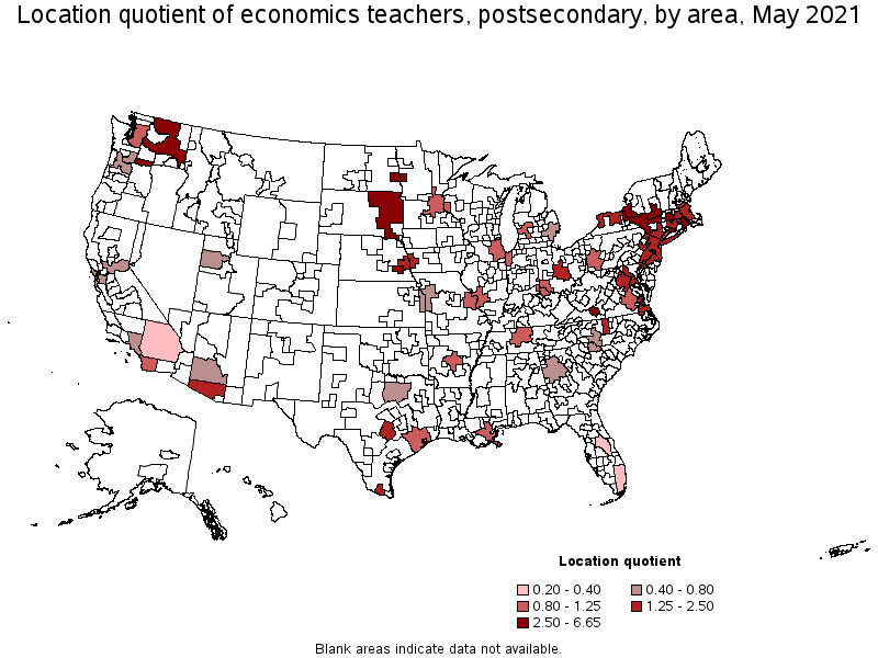 Map of location quotient of economics teachers, postsecondary by area, May 2021