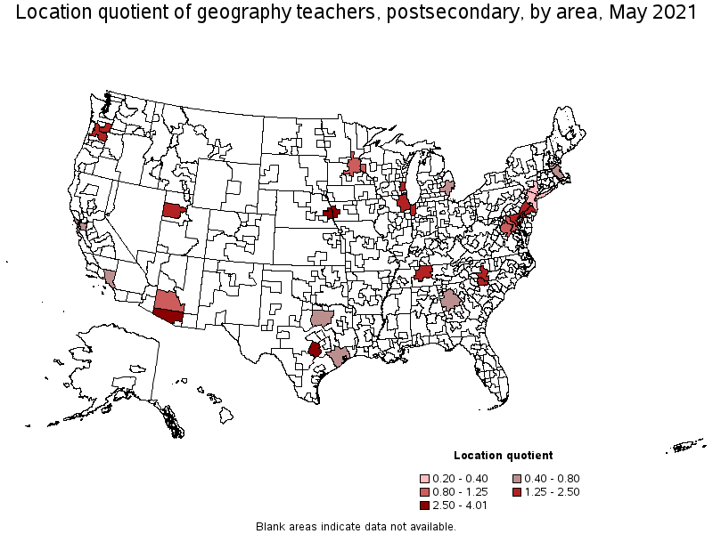 Map of location quotient of geography teachers, postsecondary by area, May 2021