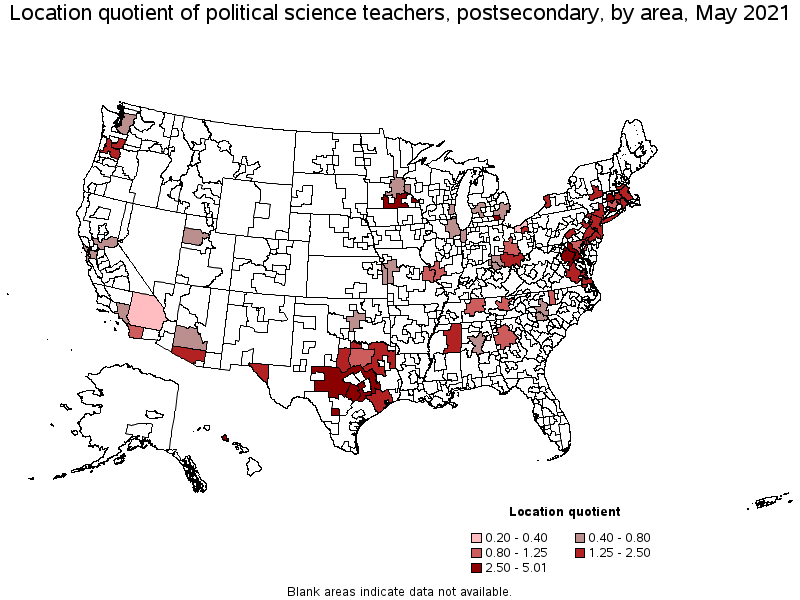 Map of location quotient of political science teachers, postsecondary by area, May 2021