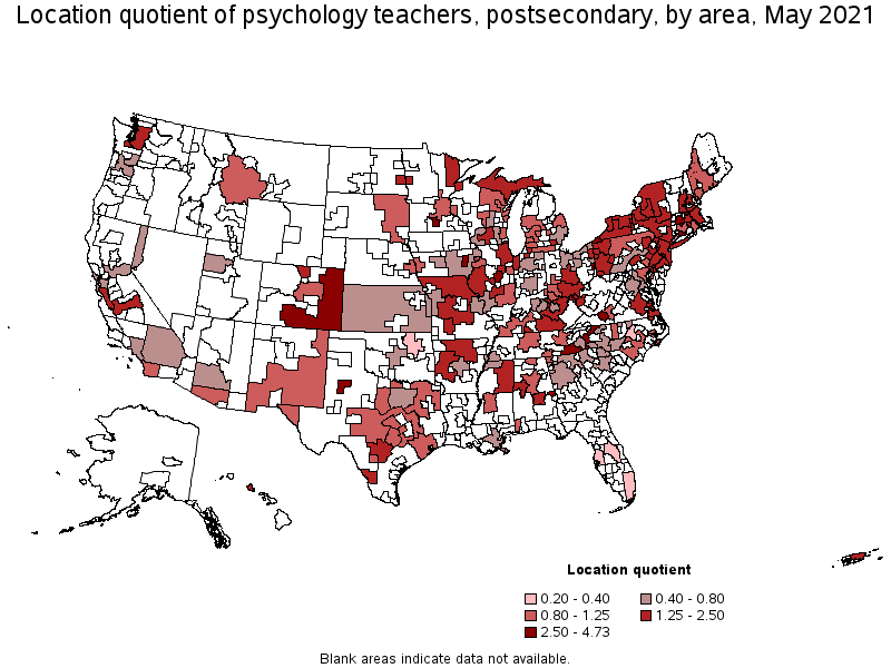 Map of location quotient of psychology teachers, postsecondary by area, May 2021