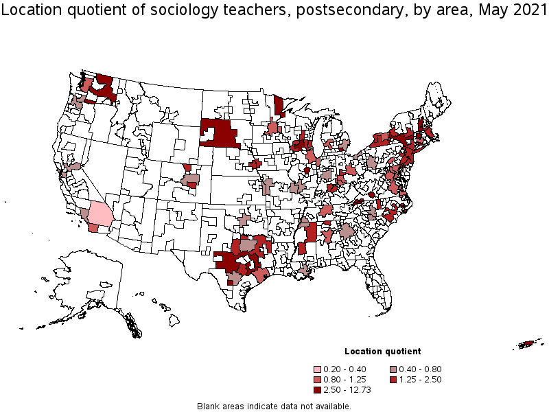 Map of location quotient of sociology teachers, postsecondary by area, May 2021