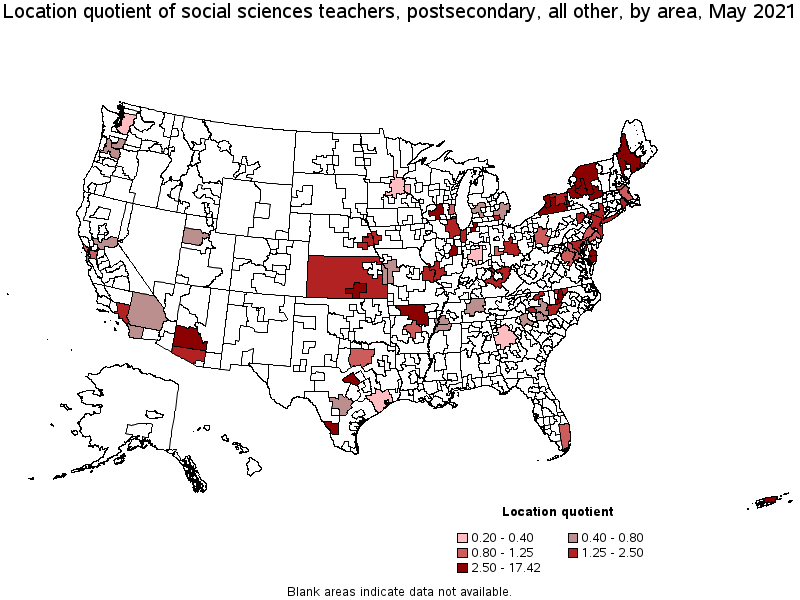 Map of location quotient of social sciences teachers, postsecondary, all other by area, May 2021