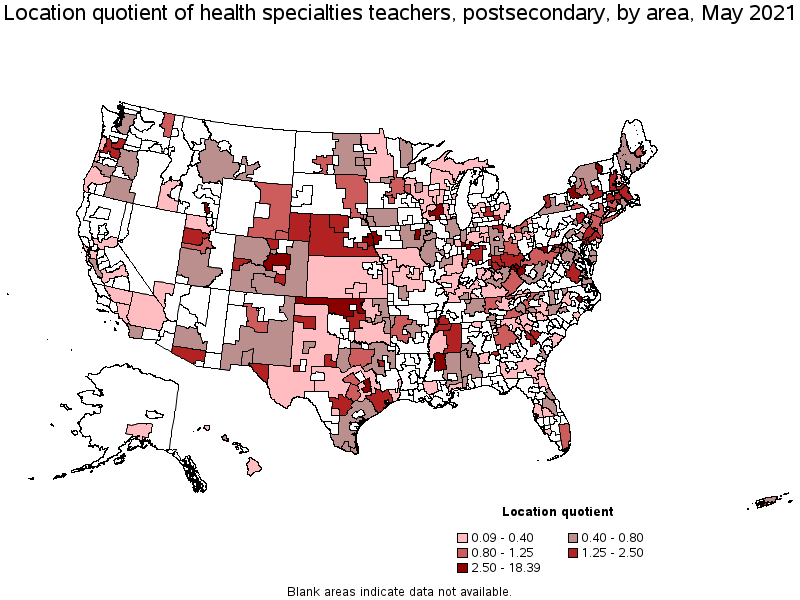 Map of location quotient of health specialties teachers, postsecondary by area, May 2021