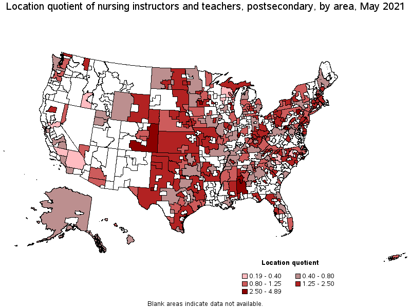 Map of location quotient of nursing instructors and teachers, postsecondary by area, May 2021