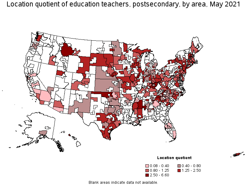 Map of location quotient of education teachers, postsecondary by area, May 2021