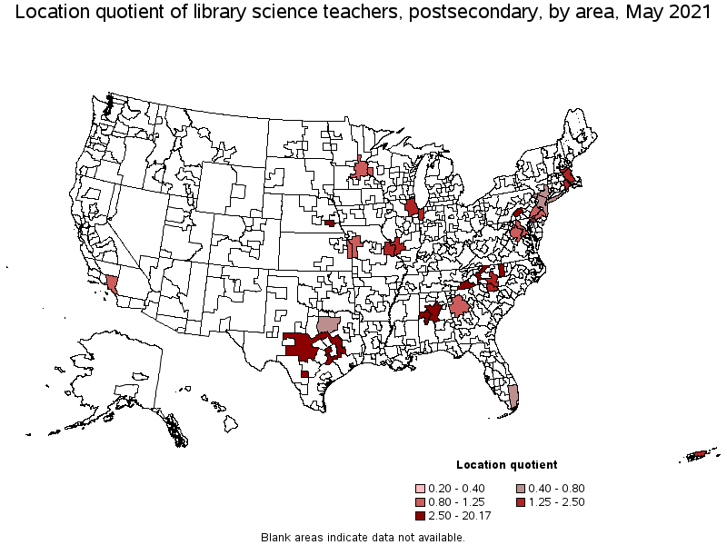 Map of location quotient of library science teachers, postsecondary by area, May 2021