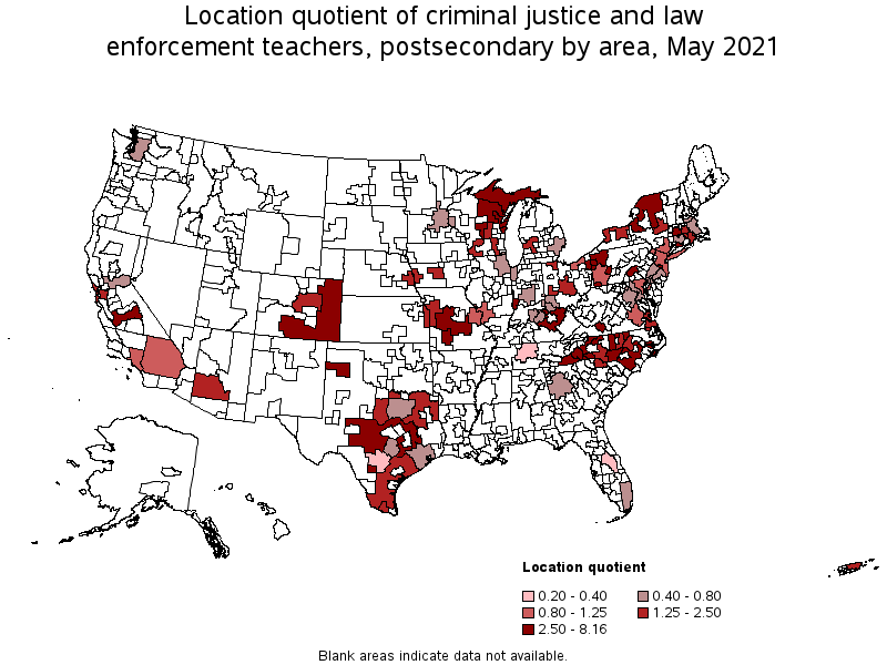 Map of location quotient of criminal justice and law enforcement teachers, postsecondary by area, May 2021
