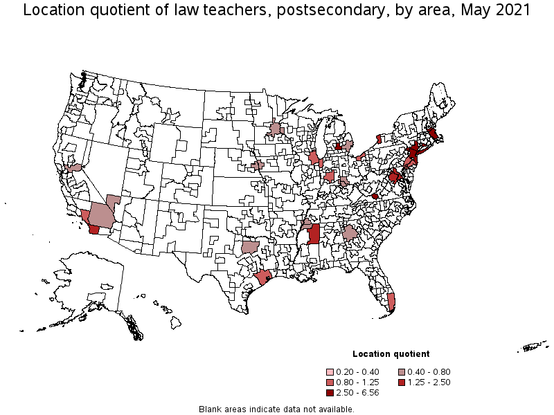 Map of location quotient of law teachers, postsecondary by area, May 2021