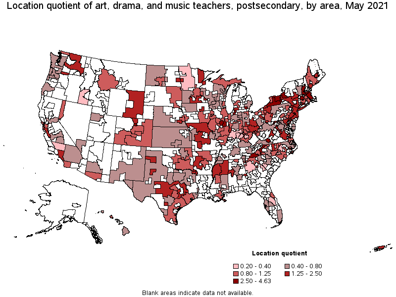 Map of location quotient of art, drama, and music teachers, postsecondary by area, May 2021