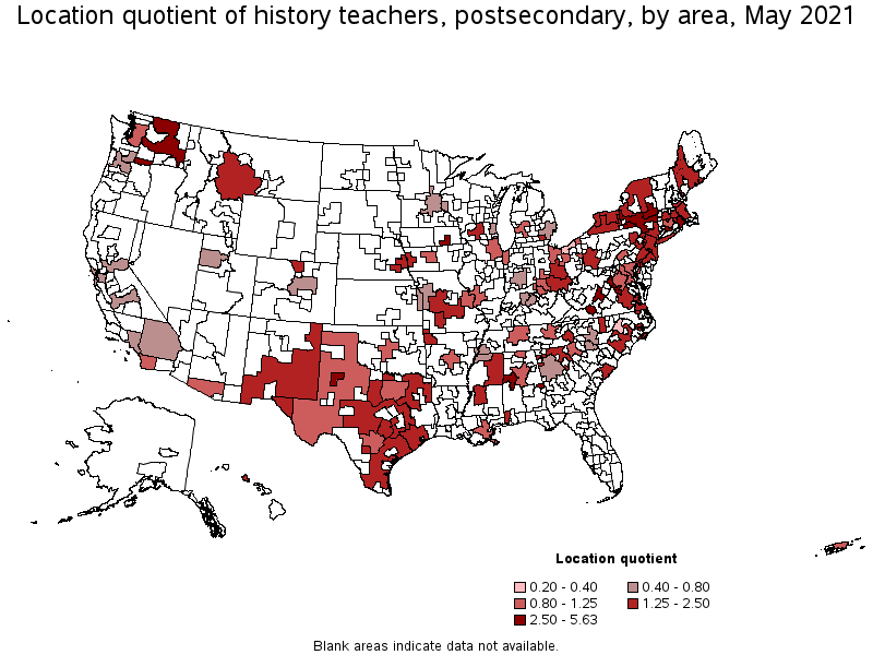 Map of location quotient of history teachers, postsecondary by area, May 2021