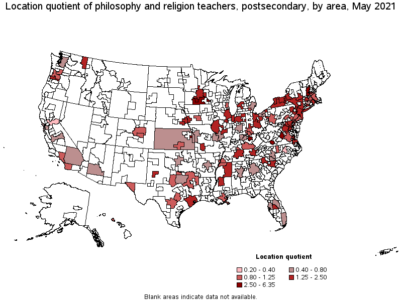 Map of location quotient of philosophy and religion teachers, postsecondary by area, May 2021