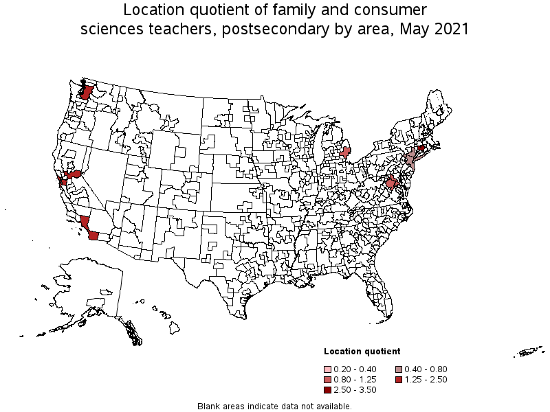 Map of location quotient of family and consumer sciences teachers, postsecondary by area, May 2021