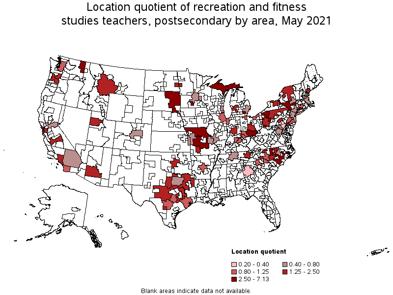 Map of location quotient of recreation and fitness studies teachers, postsecondary by area, May 2021