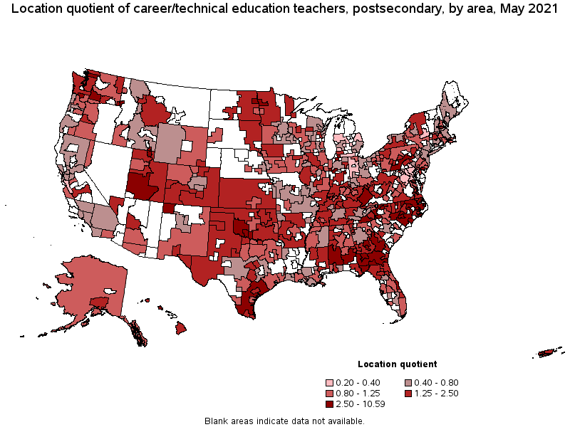 Map of location quotient of career/technical education teachers, postsecondary by area, May 2021