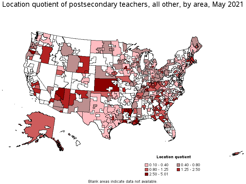 Map of location quotient of postsecondary teachers, all other by area, May 2021