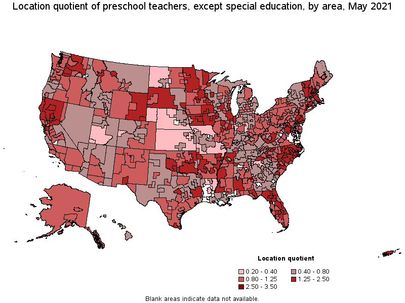 Map of location quotient of preschool teachers, except special education by area, May 2021