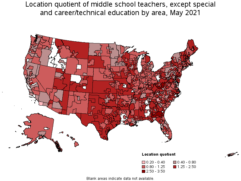 Map of location quotient of middle school teachers, except special and career/technical education by area, May 2021