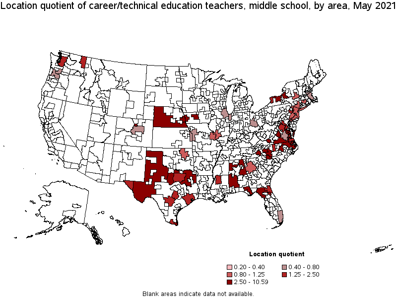 Map of location quotient of career/technical education teachers, middle school by area, May 2021