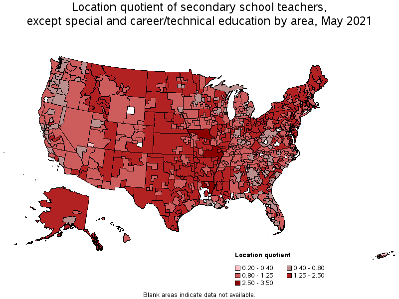 Map of location quotient of secondary school teachers, except special and career/technical education by area, May 2021