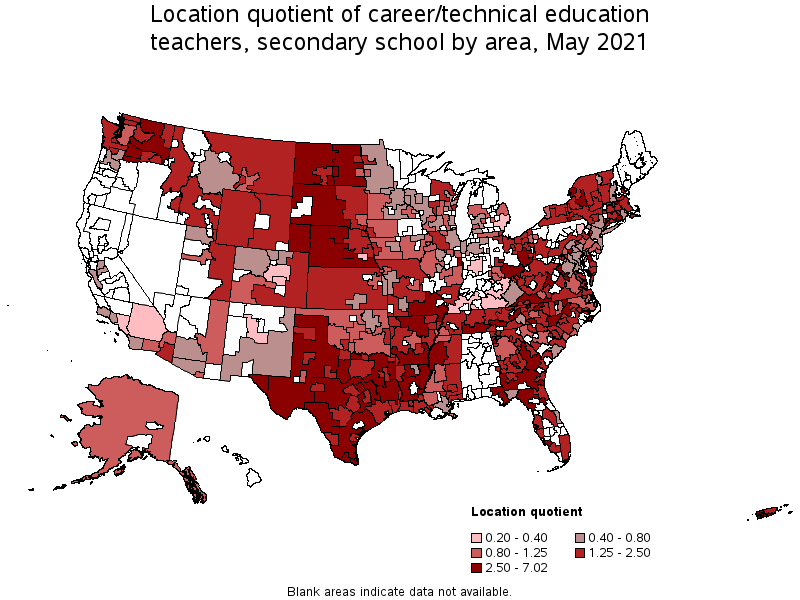 Map of location quotient of career/technical education teachers, secondary school by area, May 2021