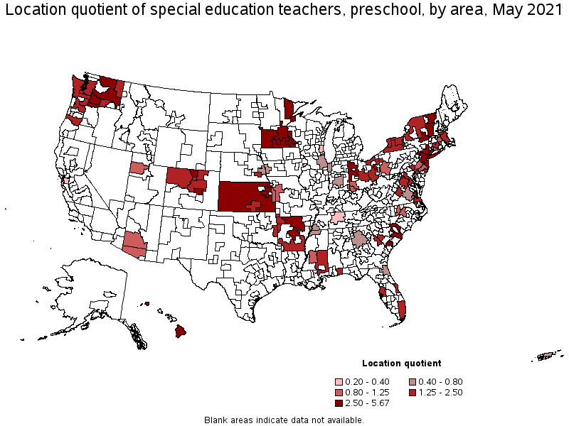 Map of location quotient of special education teachers, preschool by area, May 2021