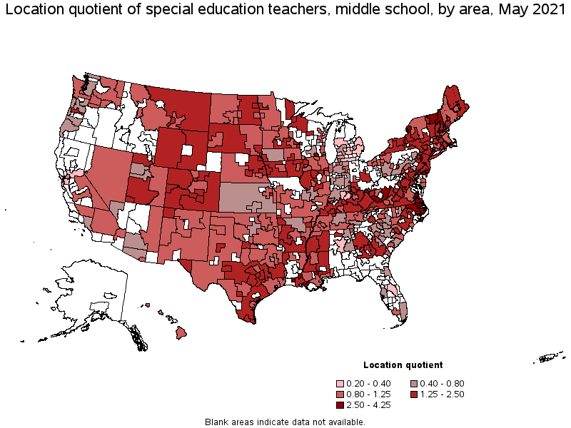 Map of location quotient of special education teachers, middle school by area, May 2021