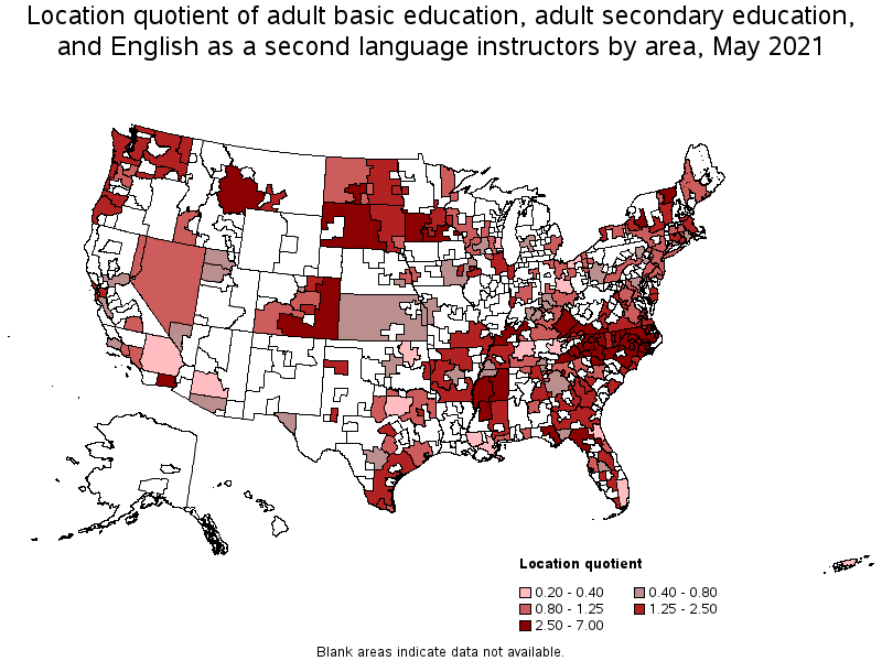 Map of location quotient of adult basic education, adult secondary education, and english as a second language instructors by area, May 2021