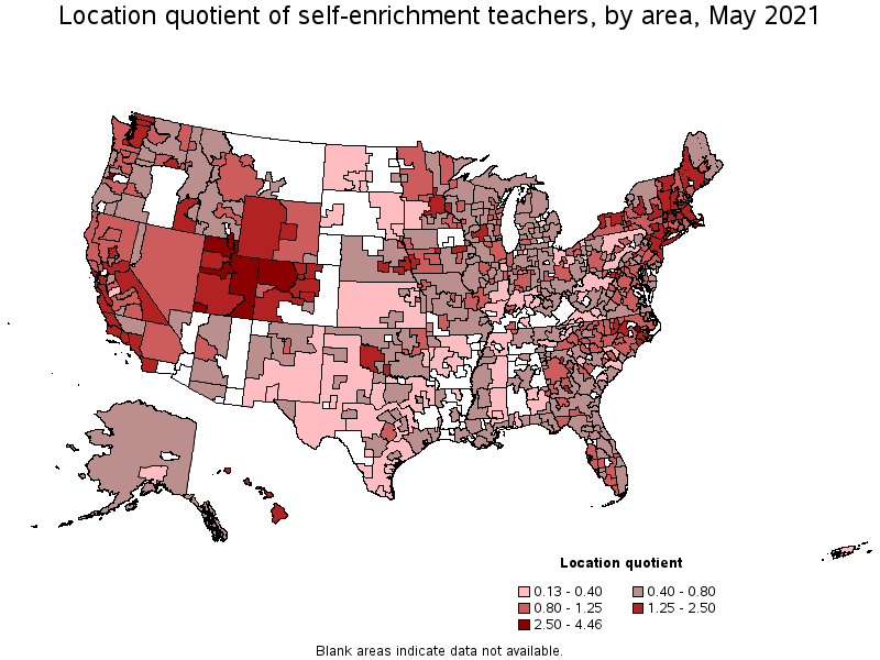 Map of location quotient of self-enrichment teachers by area, May 2021